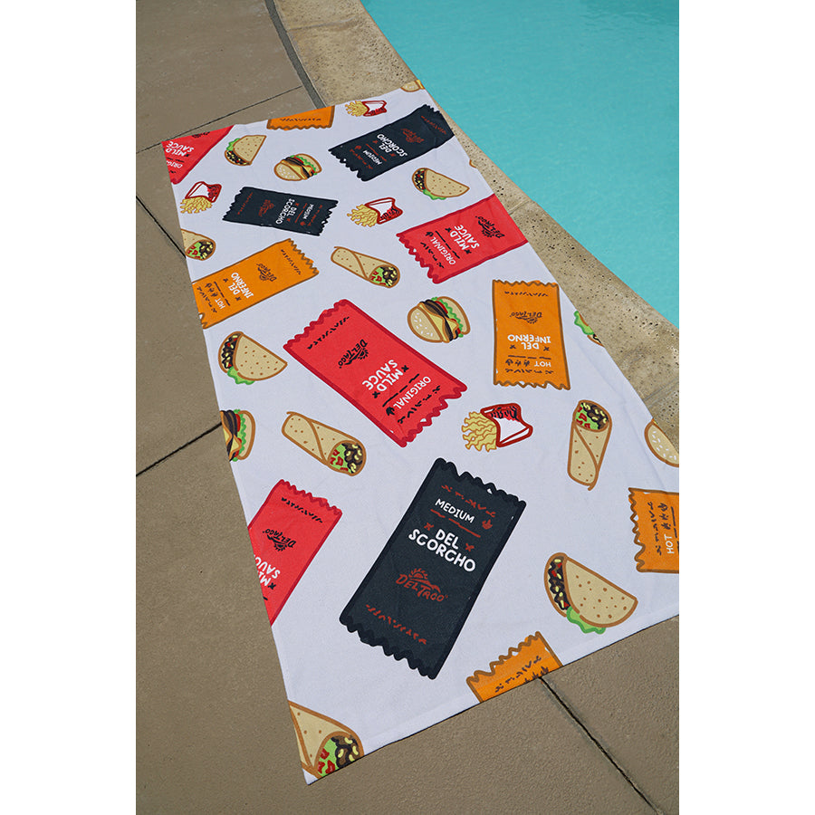 Del Taco Hot Sauce & Food Beach Towel White Del Taco Webstore