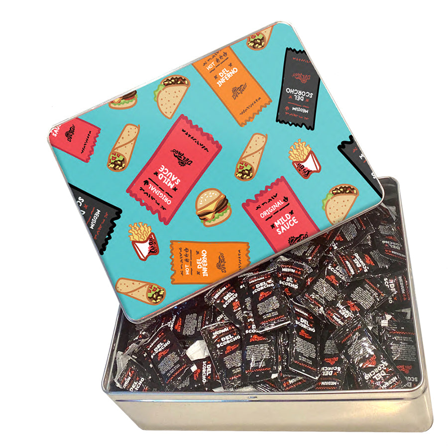 Hot Sauce Tin with 100 Sauce Packets Del Taco store