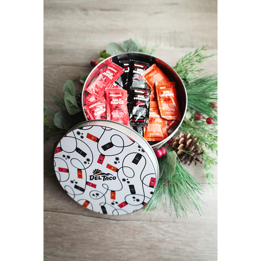 NEW Del Taco Hot Sauce String Lights Tin with 100 ct. Hot Sauce Packets