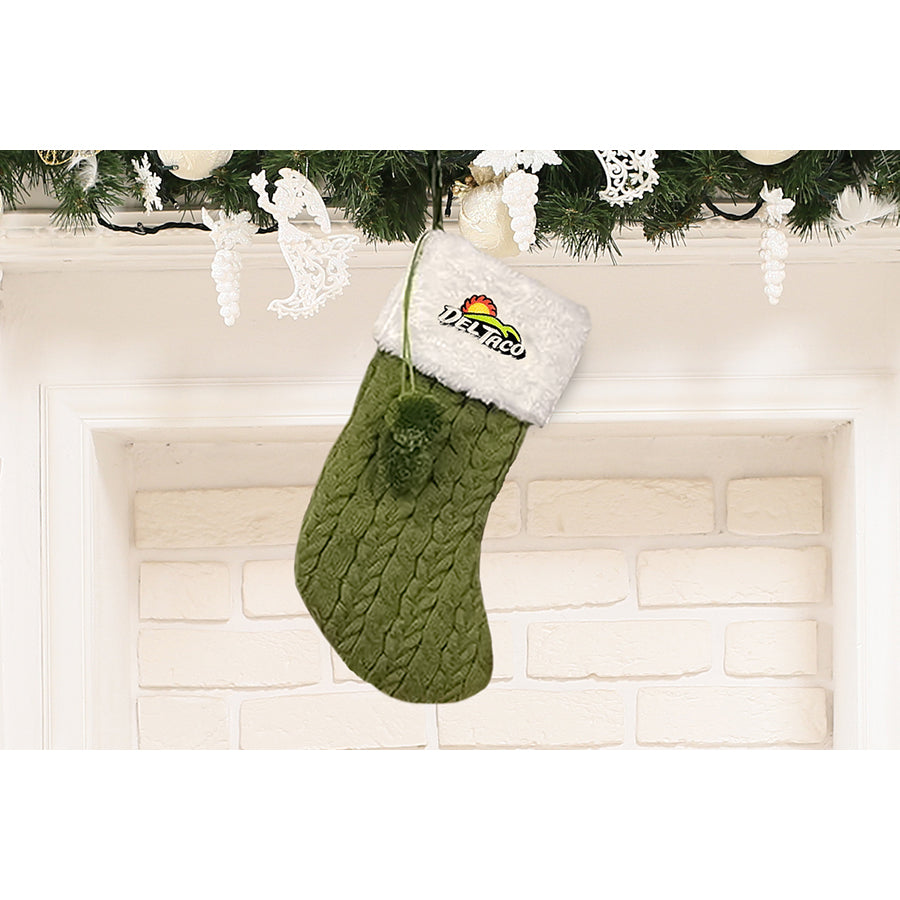 Del Taco Green Sweater Pom-Pom Stocking with 100 Hot Sauce Packets